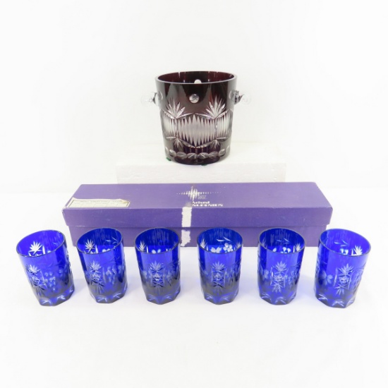 Red Cut Glass Ice Bucket & 6 Serbian Cobalt Juice Cut Glass Glasses