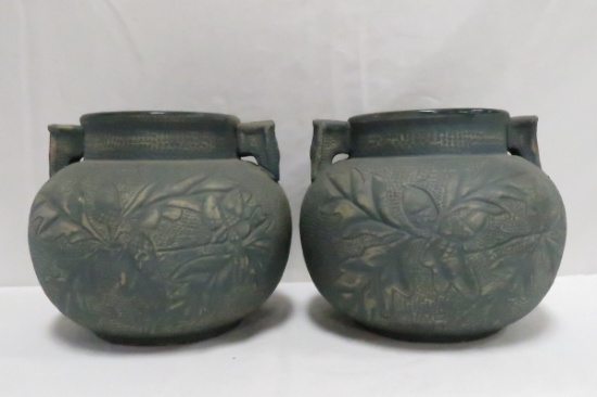 2 Red Wing Brushware Green Oak Leaf Vases #149