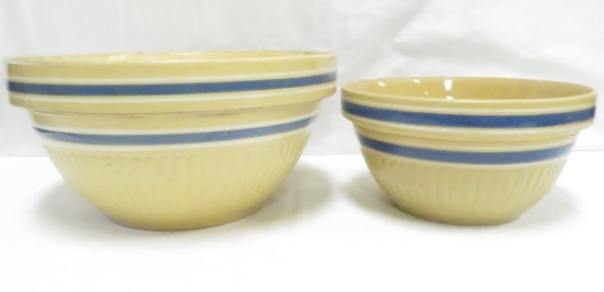 14" & 10" Blue Banded  Yellow Ware Bowls