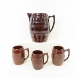 3qt Stoneware Brown Glaze Barrel Pitcher & 3 Mugs