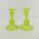 Pair of Vintage Vaseline Glass Candlesticks 6.75