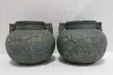 2 Red Wing Brushware Green Oak Leaf Vases #149