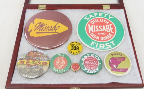 Missabe Pinback Button Collection in Display Case