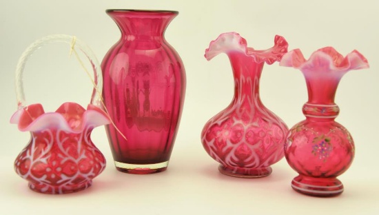 Lot #11- 4pc Fenton cranberry glass lot to include: 12” Mary Gregory vase signed by E.  Brown,