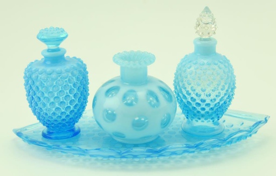 Lot #12- 4pc Blue sapphire hobnail dresser set to include pair of scent bottles, thumb print