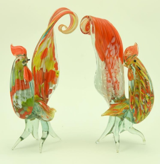 Lot #13- Pair of 10 ½” art glass roosters 