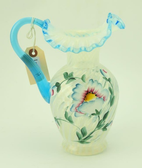 Lot #14- Fenton 90th Anniversary white Opalescent swirl hand painted floral pitcher  with blue