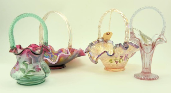 Lot #15- 4pc Fenton glass basket lot to include: 9” amethyst opalescent floral hand painted