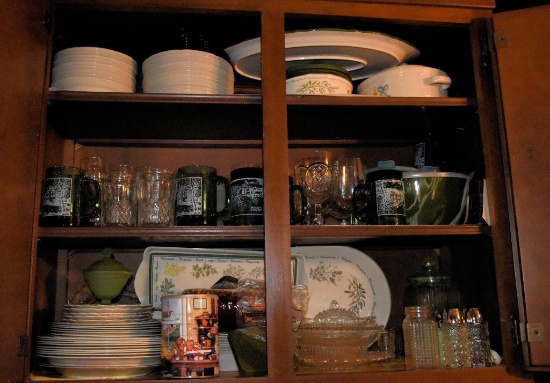 Lot #23- Contents of upper and lower end double cabinets to include: serving plates,  emerald