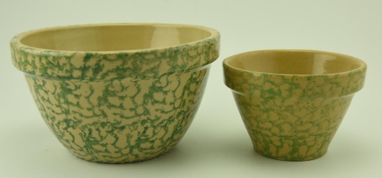 Lot #28- (2) Roseville Ohio green spatter ware stoneware mixing bowls 11” and 6”