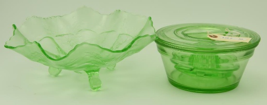 Lot #30- Green Depression glass lot to include: covered 8: refrigerator bowl, green juicer,