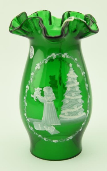 Lot #34- Fenton Mary Gregory Collection emerald hand painted Christmas themed  hurricane shade
