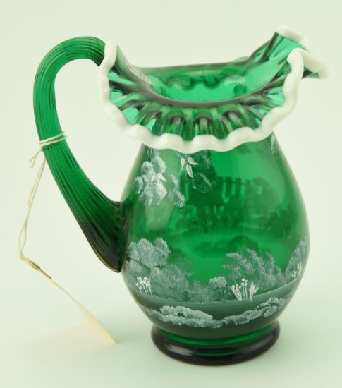 Lot #36- Fenton Mary Gregory Collection emerald hand painted ruffled top handled  pitcher signed