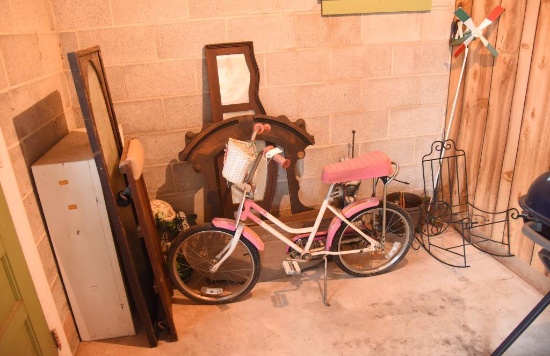 Lot #392- Misc. garage lot to include: girl’s bike, Whirly gig, handy Andy creeper,  statues,