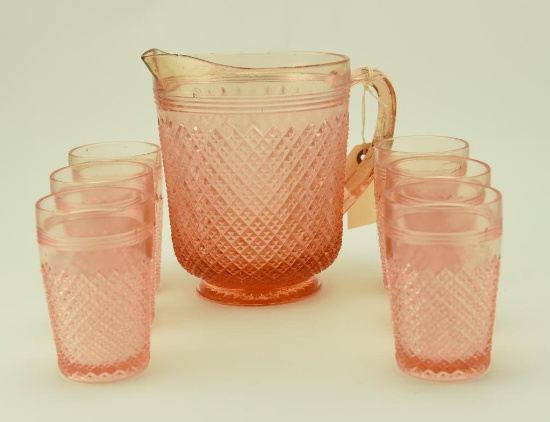 Lot #40- 7pc Pink Depression Diamond Cut Miss America pattern cut pitcher and glass set
