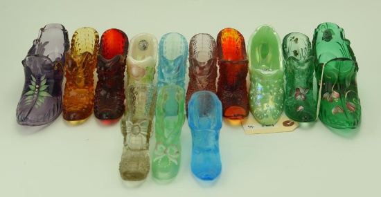Lot #46- (13) figural glass Victorian shoes to include: emerald, amethyst, cobalt,  opalescent