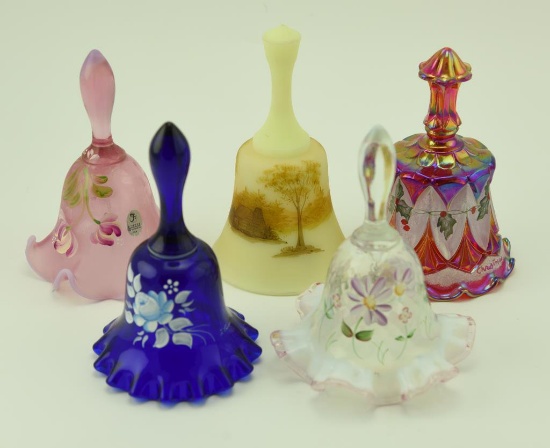 Lot #48- (5) Fenton Hand painted bells to include clear, satin glass, cobalt, cranberry  and