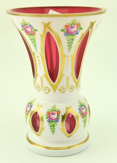 Lot #6- Stunning Czech Bohemian white cut to cranberry 11” overlay vase with floral hand  painted