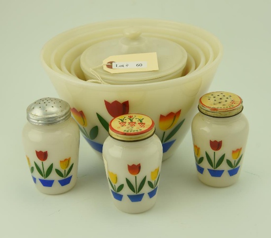 Lot #60- Vintage 8pc Fireking tulip pattern bowl and canister set to include: 4 nesting  bowls,