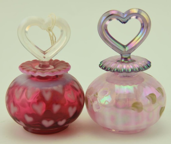 Lot #63- (2) Fenton glass hand painted scent bottles with figural glass heart stoppers:  one
