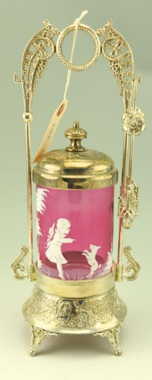 Lot #2- Mary Gregory hand painted cranberry sugar castor with plated silver floral footed  base,
