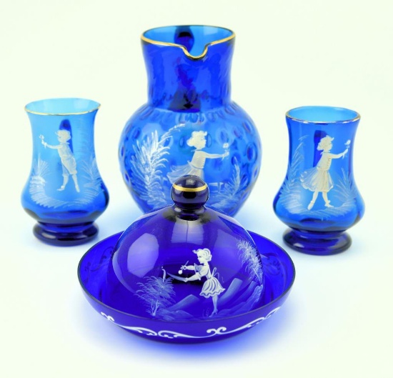 Lot #5- Mary Gregory blue sapphire 3pc pitcher and tumbler set and 7” blue cobalt Mary  Gregory