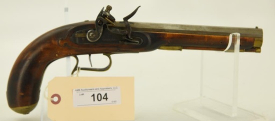 Lot #104 -  Barnett Flintlock  Pistol .40 Perc SN# None~~ 8” BBL, Copy of  Kentucky Type