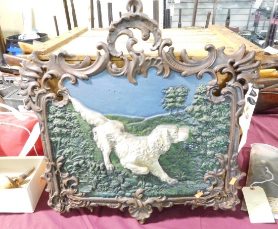 Lot #120D - Cast iron wall decoration/stove Front with painted and cast bird dog motif  (very