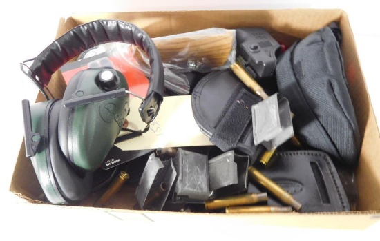 Lot #153P - Box of miscellaneous shooting supplies and accessories: Caldwell ear muffs,  pistol