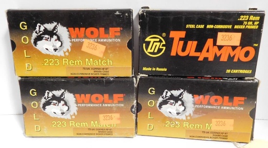 Lot #60E - (4) full boxes of Wolf .223 Rem Match 75 grain (80 rounds total)