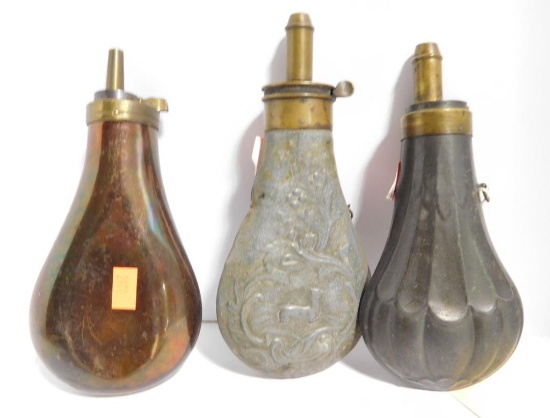 Lot #90B - (3) antique metal powder horns and shot flasks