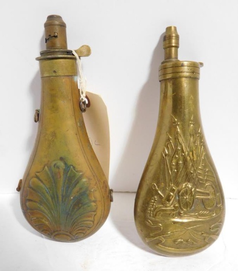 Lot #90C - (1) brass powder horn, (1) metal shot flask