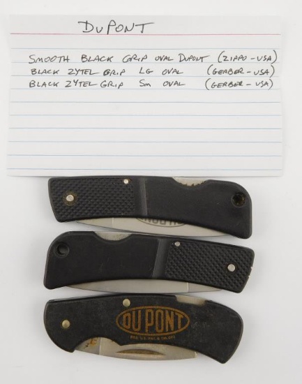 Lot #16 - (3) DuPont Advertising Pen Knives to include: Smooth Black Grip Oval Dupont,  Black