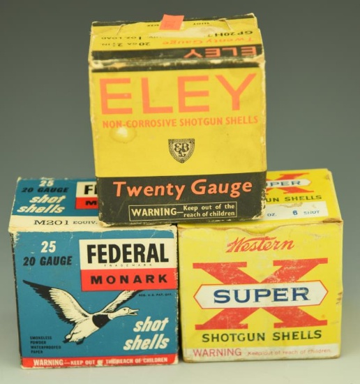 Lot 3336 - (3) Vintage boxes of 2 ¾” .20 gauge shotgun shells: Western Super X, Federal  Monark,