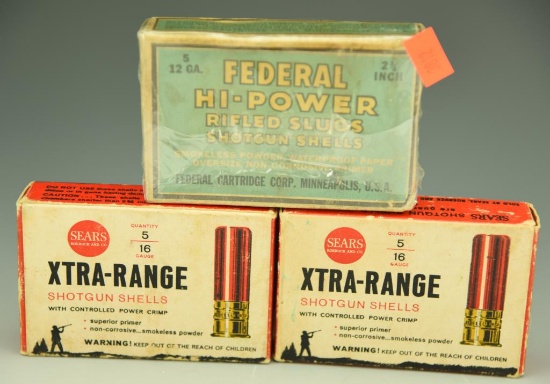 Lot 3338 - (1) Vintage box of Federal Hi-Power 2 ¾” rifled slugs (sealed in plastic), (2)  Boxes