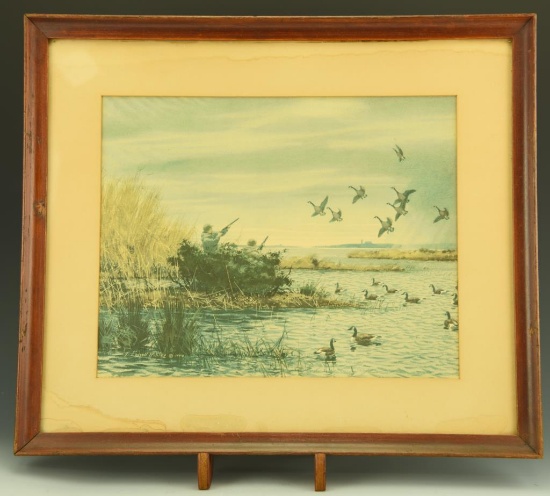 Lot 3391 - A. Lassell Ripley (1896-1969) Framed Canada Goose hunting print c. 1946 18”x 16”