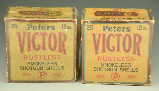 Lot 3403 - (2) Peters Victor 12 gauge vintage shotshell boxes sealed in plastic (empty  boxes)