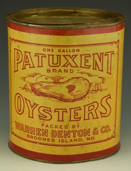 Lot 3412 - Patuxent River Brand Oysters Tin 1 gallon Packed by Warren Denton & Co. Broomes  Isl