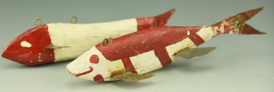 Lot 3483 - (2) Primitive carved fish decoys from the Great Lakes Region in red and white  paint
