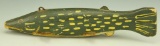 Lot 3378 - Primitive carved Chain Pickerel fish decoy with tin fins 7 ½”