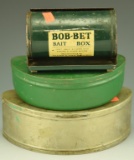 Lot 3427 - (2) Vintage Old Pal tin bait holders and (1) Bob-Bet Bait box