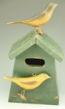 Lot 3429 - Primitive Dorchester Co. bird house in original paint with (2) carved Warblers  (5”