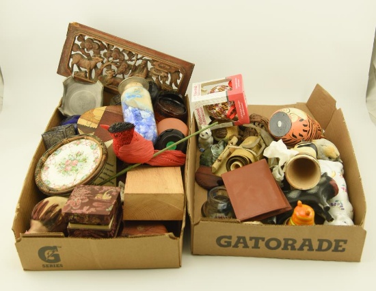 Lot 1101 - (2) Boxlots: Cat figurines, bird figurines, Swank men’s leather wallet, small carved