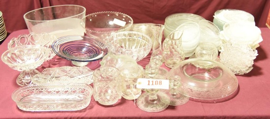 Lot 1108 - Approximately 74pcs of clear glass to include: etched centerbowl and candlesticks,