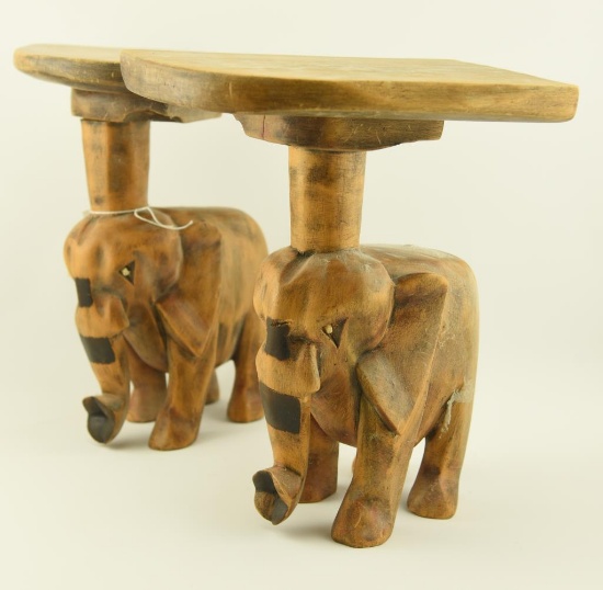 Lot 1114 - Pair of figural carved elephant pedestal tables 13 ½”H