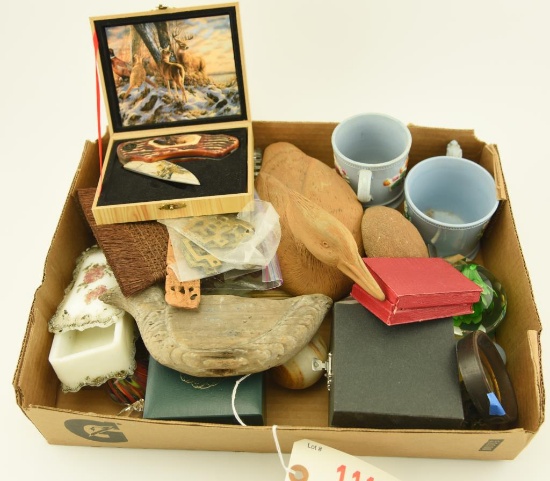 Lot 1115 - Boxlot: Resin decoy b J. Cooper, Oxford Crystal paperweight, Wild Outdoors folding