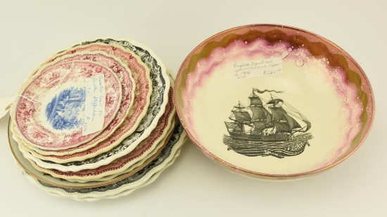 Lot 1121 - (10) English transfer plates and (1) English Nautical punch bowl