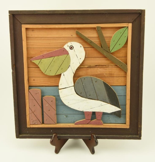 Lot 1123 - Hand crafted wooden plaque of Pelican 15 ½” square