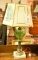 Lot 1382 - Early glass fluid lamp (with green font with etched grapes and leaves: converted to
