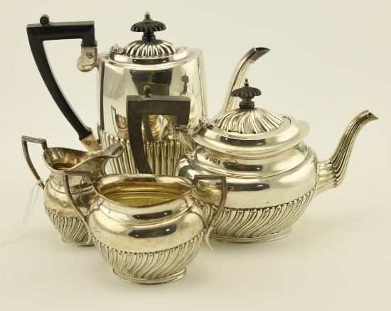 Lot 1220 - English sterling silver & silverplate tea set: Taller tea kettle is silverplate and